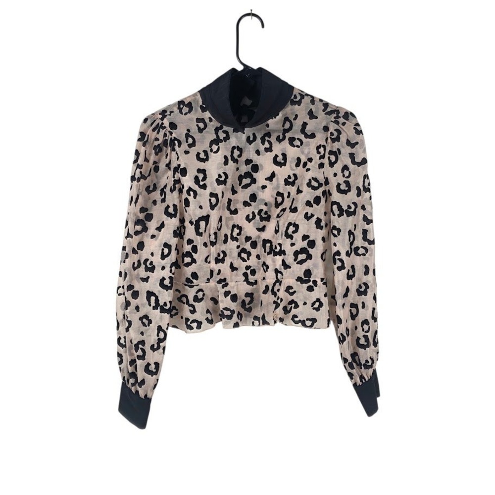 Forever 21 Leopard Blouse Womens Tan Y2K Puff Sleeve Sheer Crop Top M